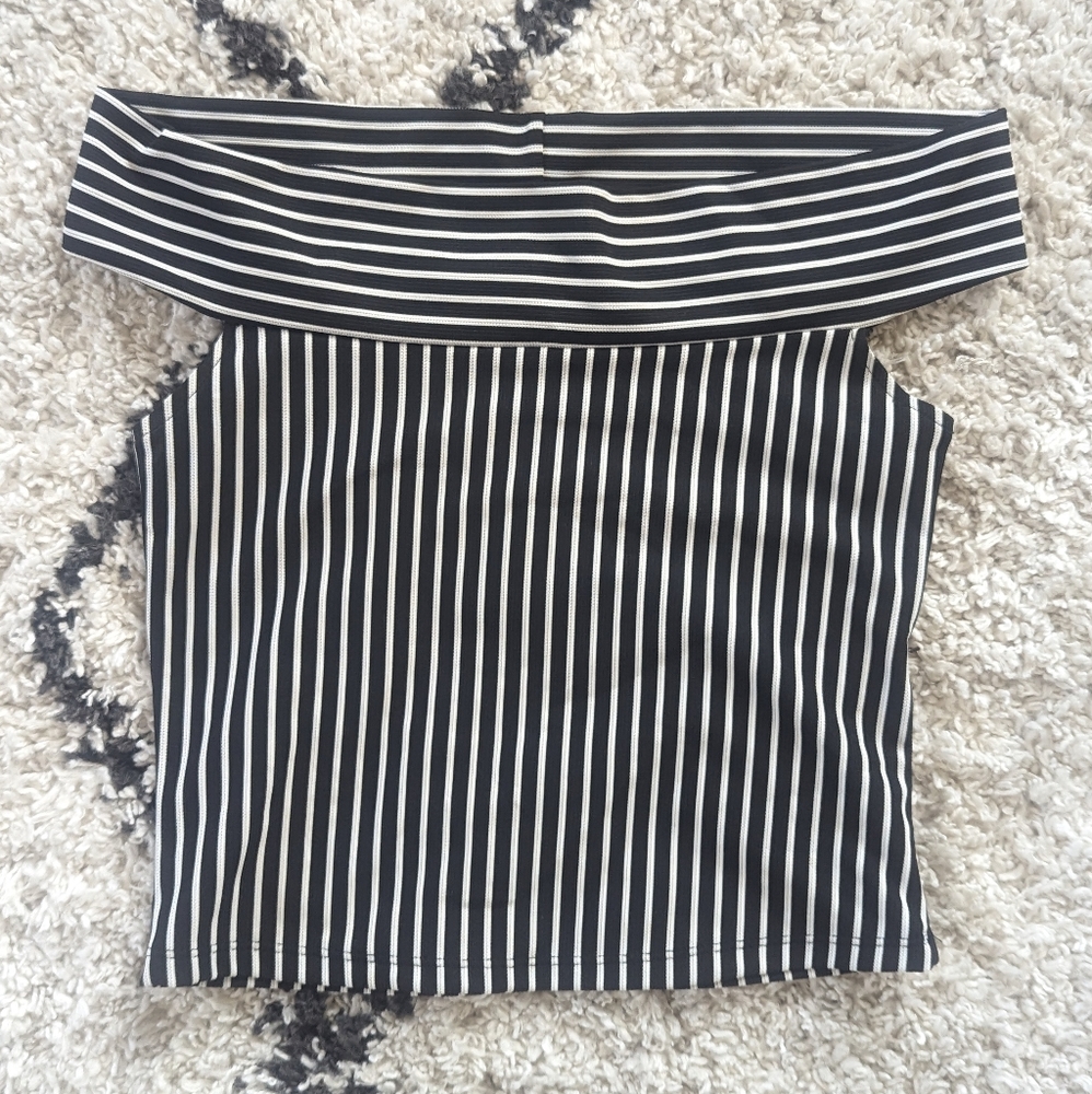 Off the shoulder black and white striped blouse